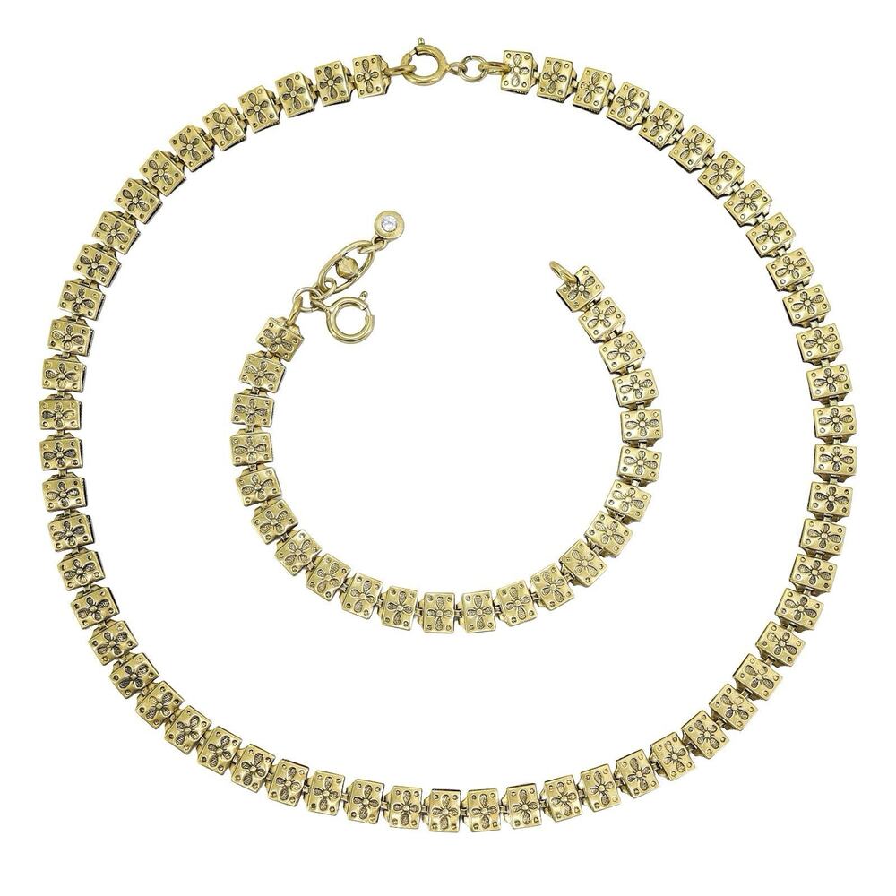 cabi Victorian Revival Gold Tone Link Necklace Bracelet Set Floral Tile Chain